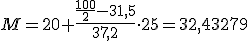 M = 20 + \frac{\frac{100}{2} - 31,5}{37,2}\cdot 25 = 32,43279